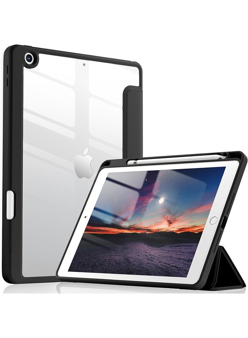 Theodor Hybrid Slim Case for iPad 9/8/7th Generation Case 10.2 Inch with Pencil Holder, Shockproof Trifold Stand Protective Cover with Soft TPU Clear Back for iPad Case 10.2, Auto Sleep/Wake Black - Image 1